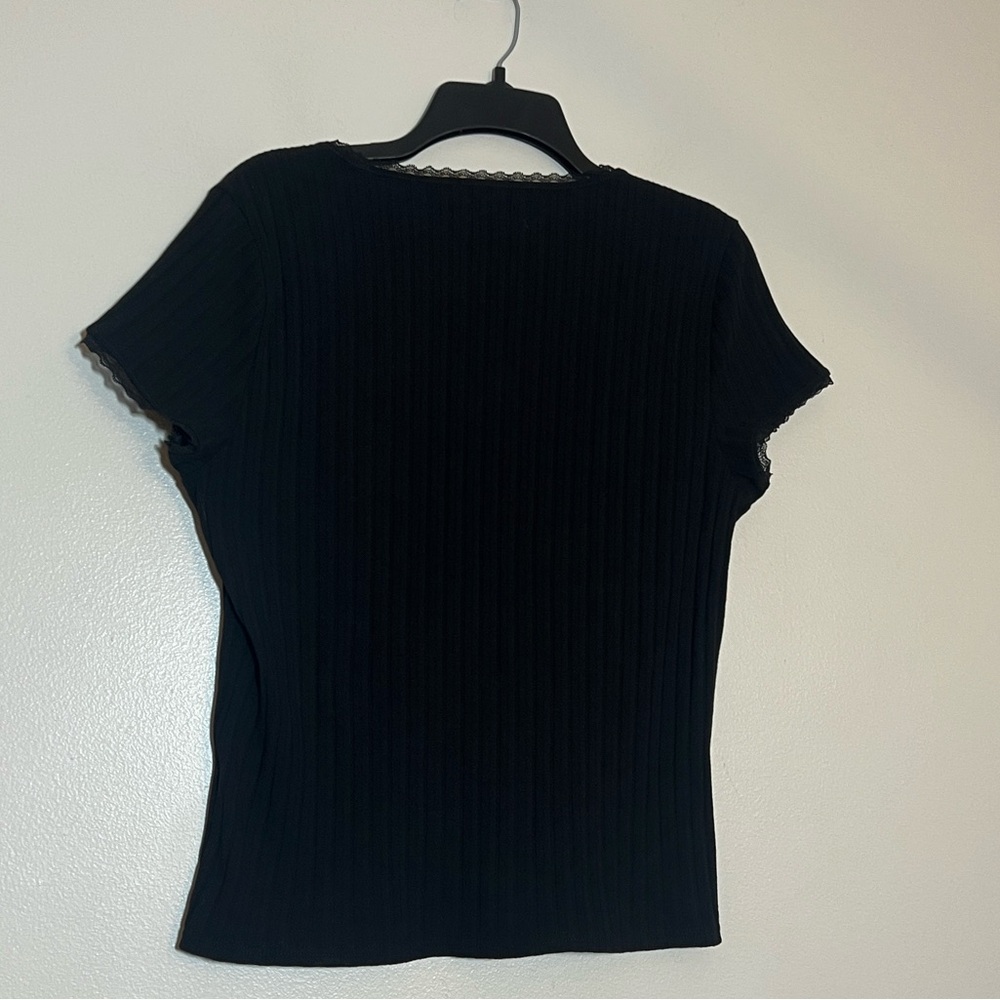 J. Crew Black Ribbed Short Sleeve Pointelle Lace Baby Doll Shirt XL - Picture 4 of 4
